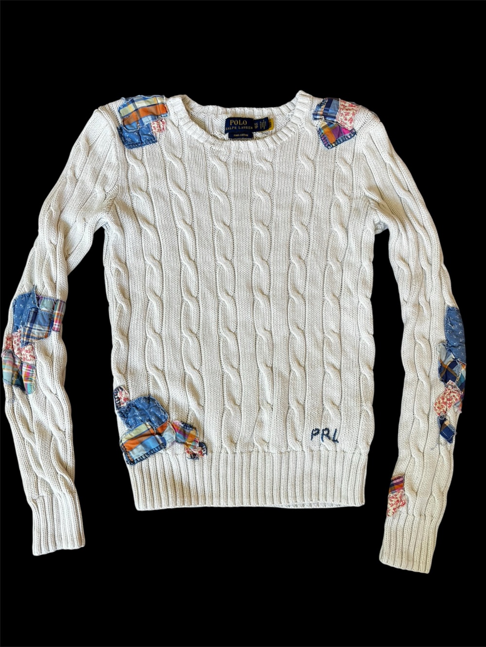 Rare Polo Ralph Lauren Cream Cable-Knit Crewneck Sweater with Patchwork Accents